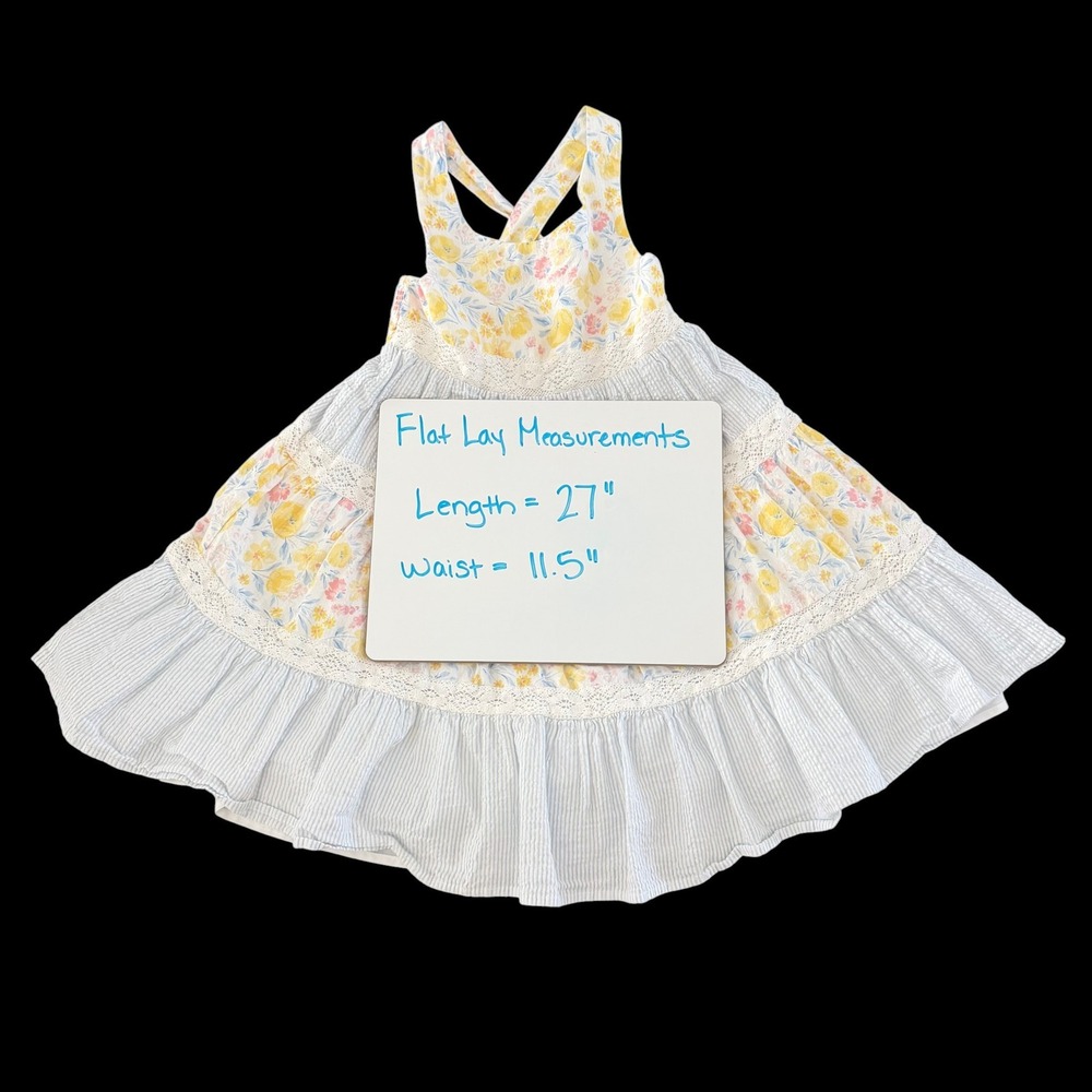 Tommy Bahama Girls Floral Seersucker Tiered Lace Dress 7 Blue Yellow Cottagecore - Picture 4 of 8